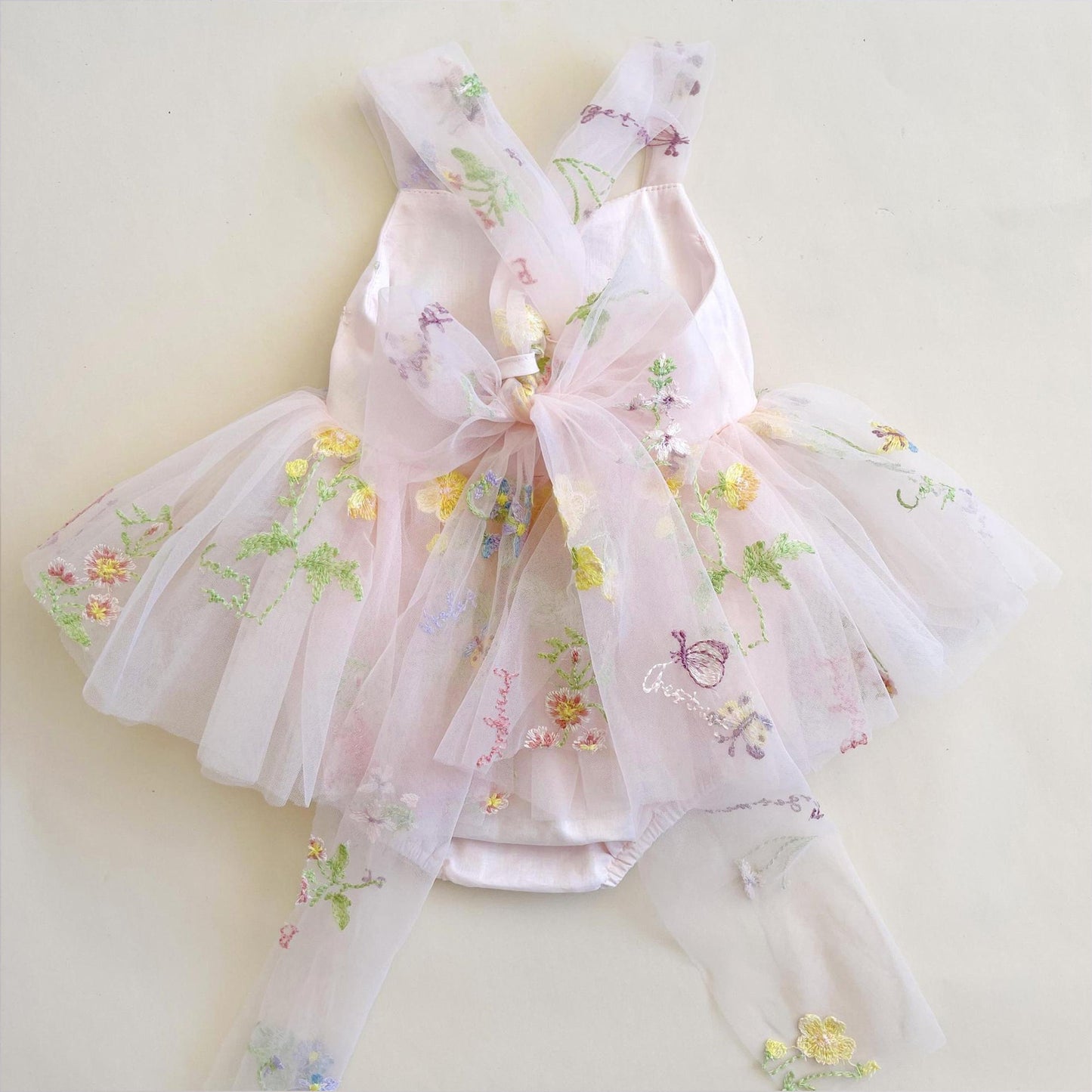 First Birthday Baby Girl Tulle Romper Dress with Floral Embroidery, Party Toddler Outfit
