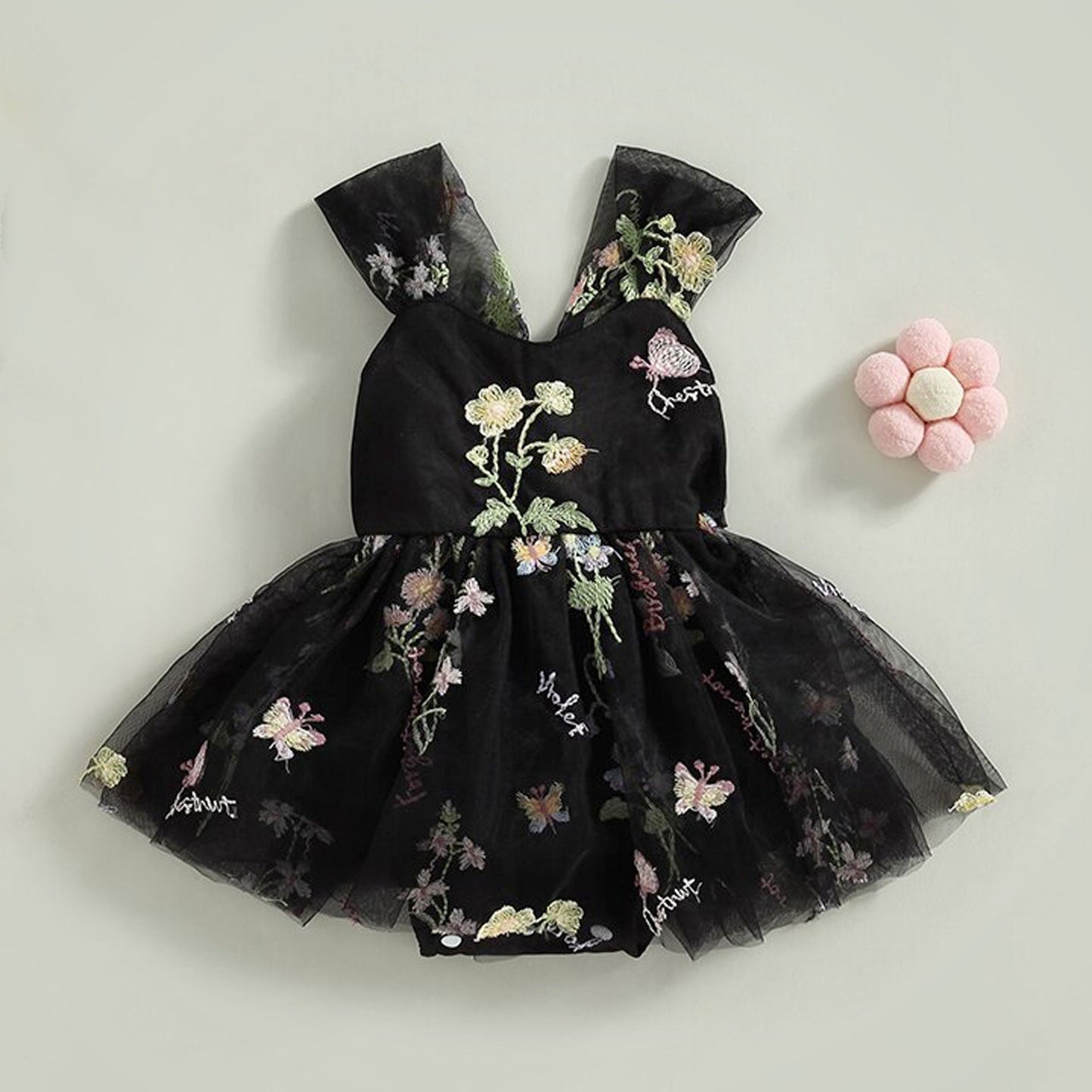 First Birthday Baby Girl Tulle Romper Dress with Floral Embroidery, Party Toddler Outfit