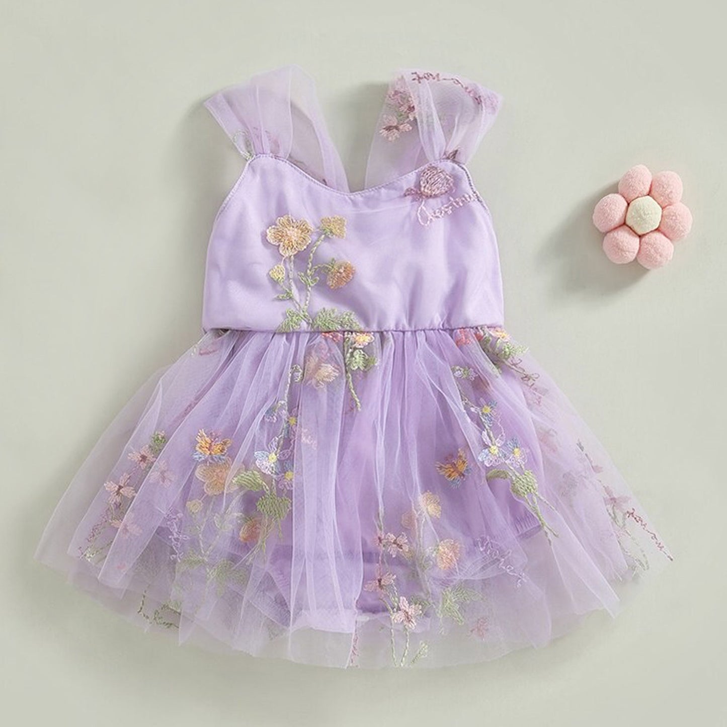 First Birthday Baby Girl Tulle Romper Dress with Floral Embroidery, Party Toddler Outfit