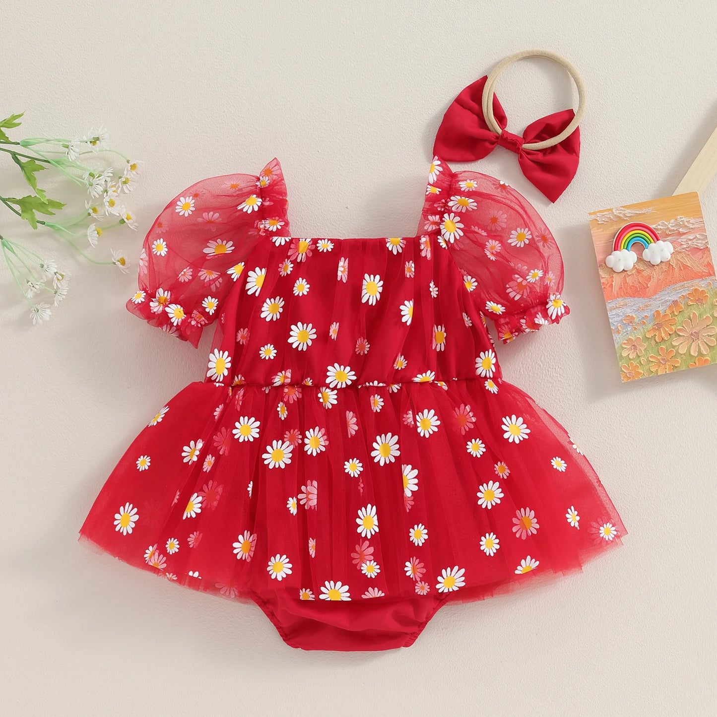 Flower Daisy Tulle Dress with Headband for Toddler Girl, Summer Baby Romper for Special Occasion First birthday outfit girl red