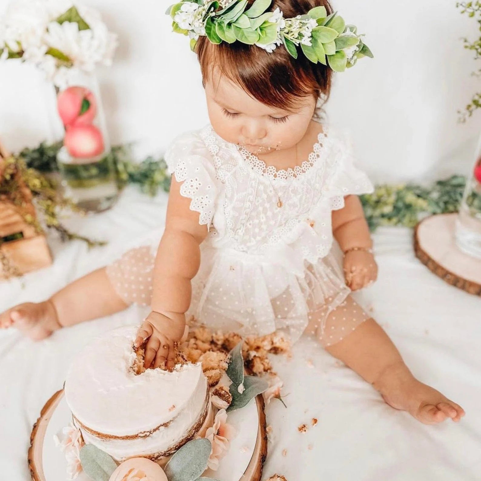 White Lace Smash Cake Outfit Girl, Boho Baby Romper Dress Tulle for First Birthday White Lace Smash Cake Outfit Girl, Boho Baby Romper Dress Tulle for First Birthday