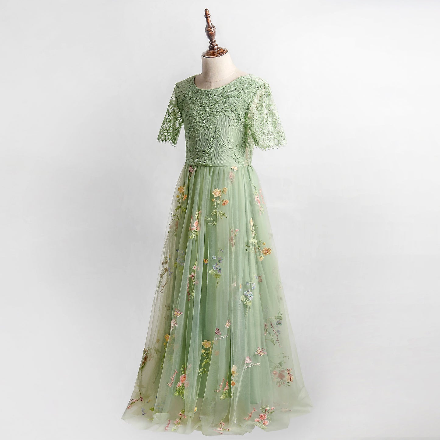 Sage Flower Girl Dresses for Forest or Beach Wedding Party, Lace and Embroidered Tulle Gown, Sage green junior bridesmaid long maxi floral dresses baby toddler