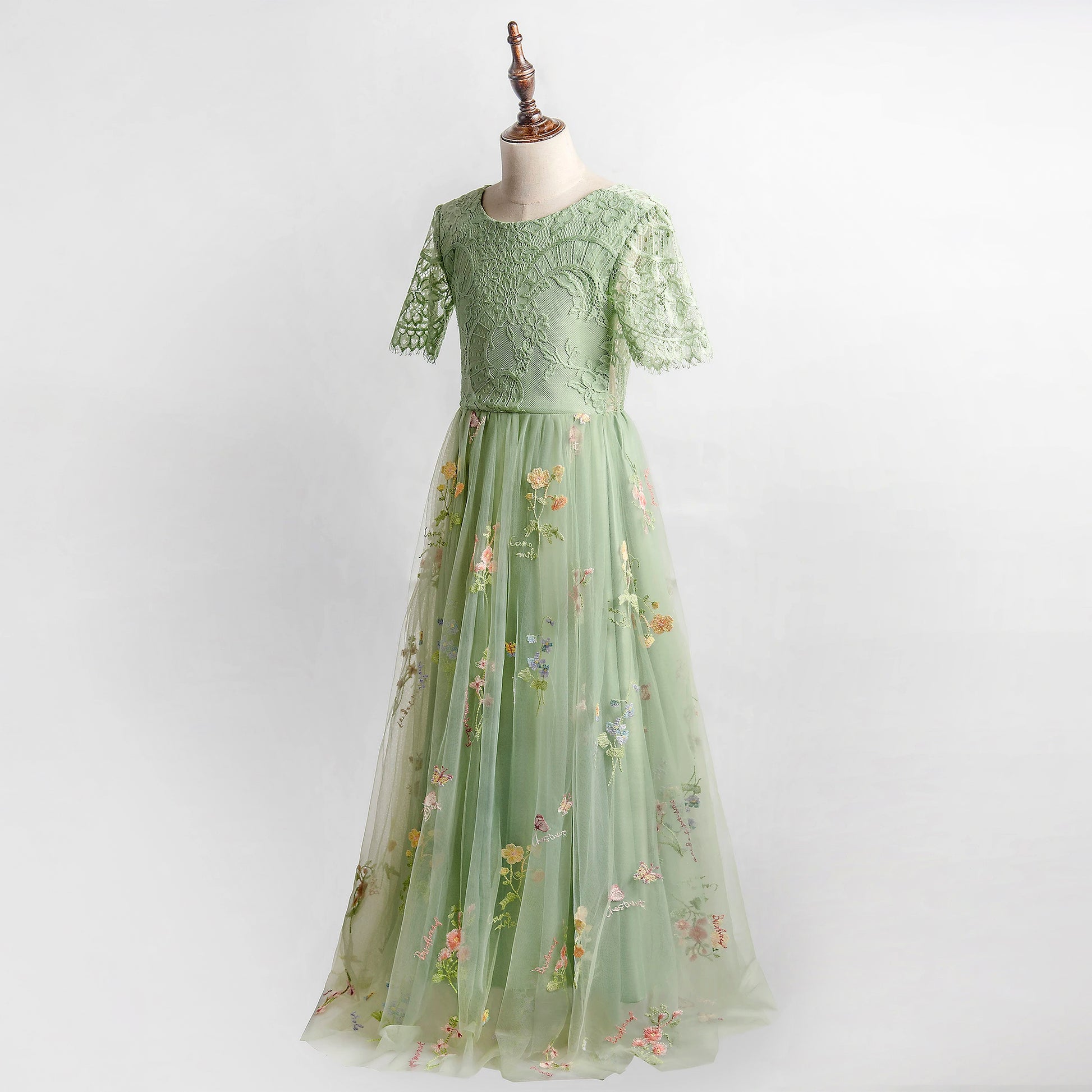 Sage Flower Girl Dresses for Forest or Beach Wedding Party, Lace and Embroidered Tulle Gown, Sage green junior bridesmaid long maxi floral dresses baby toddler