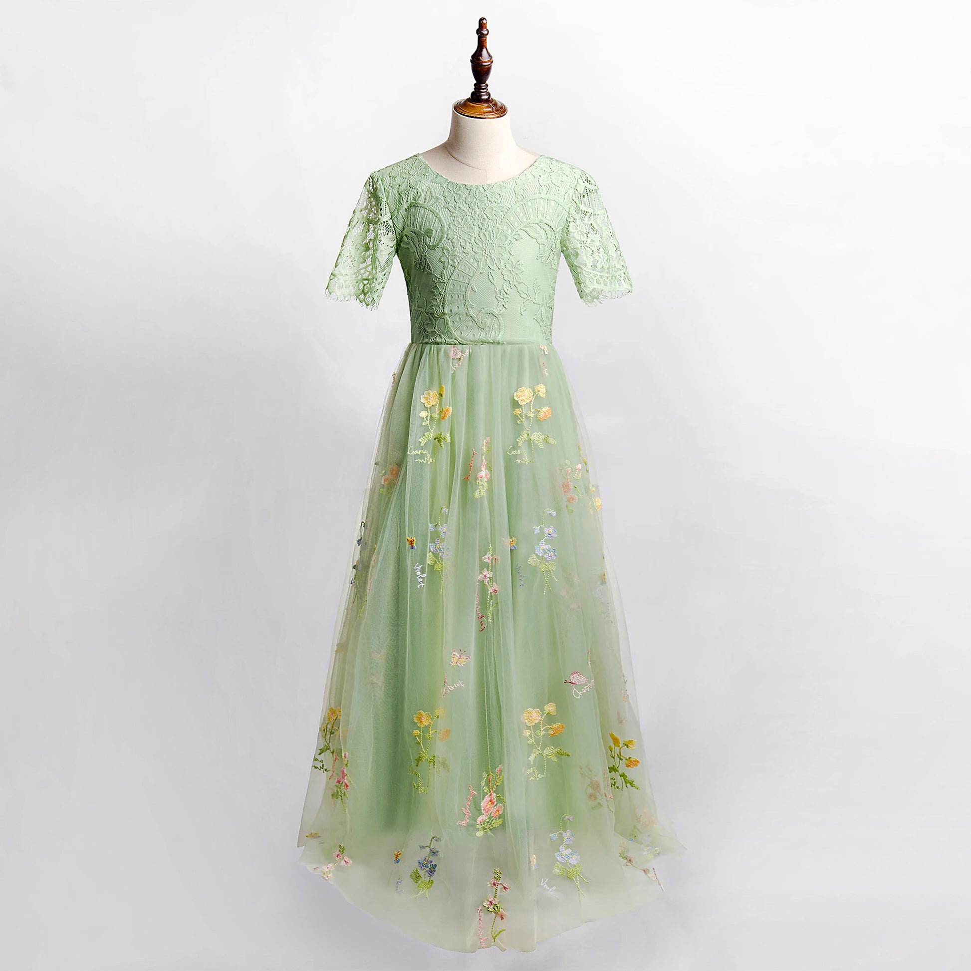 Sage Flower Girl Dresses for Forest or Beach Wedding Party, Lace and Embroidered Tulle Gown, Sage green junior bridesmaid long maxi floral dresses baby toddler