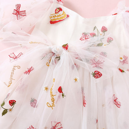 NEW 2024 Strawberry Cake Tulle Dress or Romper for Baby Girl, Toddler Sister Matching Outfits for Kids Birthday Party Gown, White Embroidered dresses