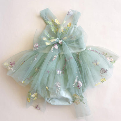 Sage Green Baby Girl Tulle Romper Dress with Floral Embroidery, Toddler Wedding Outfit