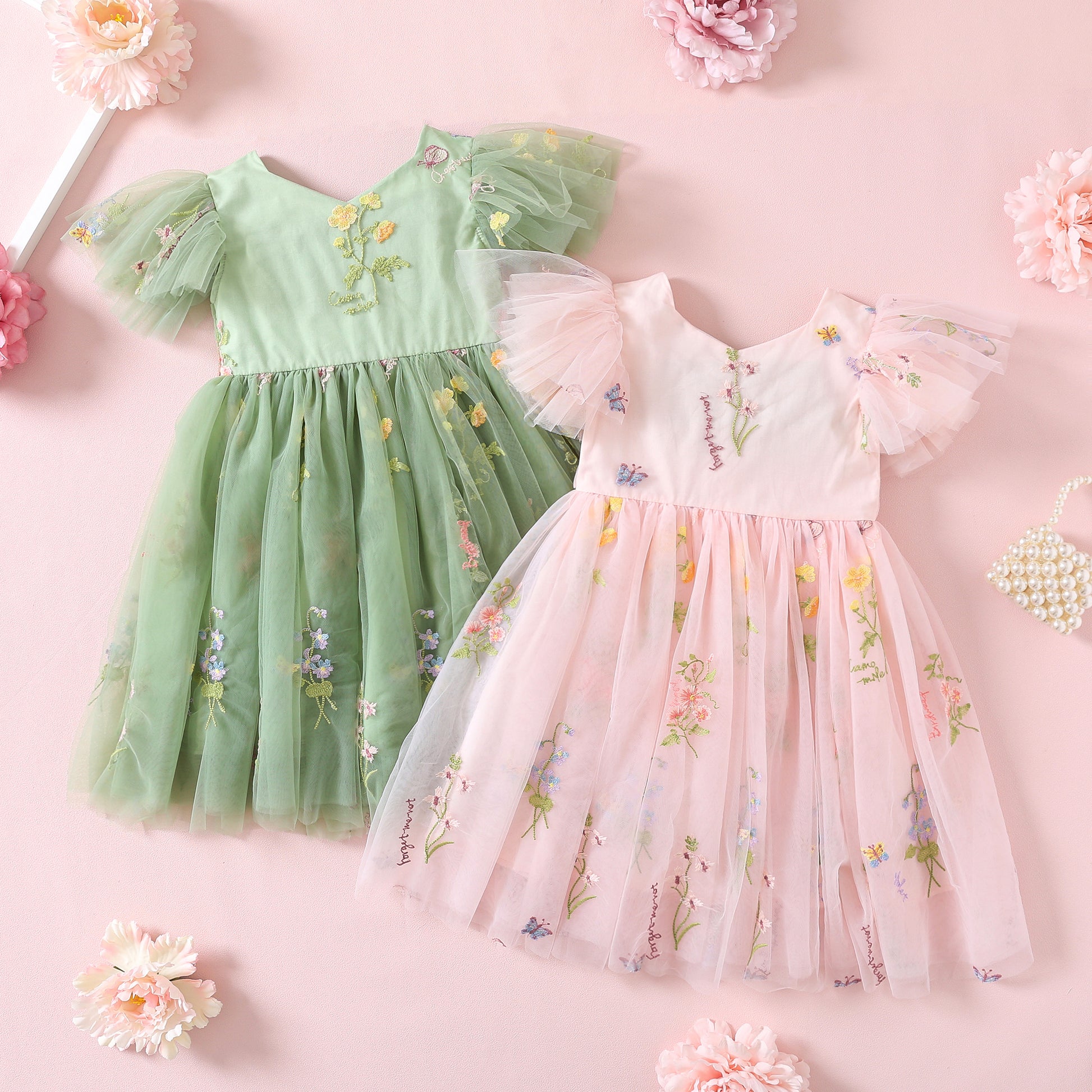 NEW 2024 Birthday Girl Dress, Sage Green Embroidered Mesh Tulle Toddler Special Occasion Outfit