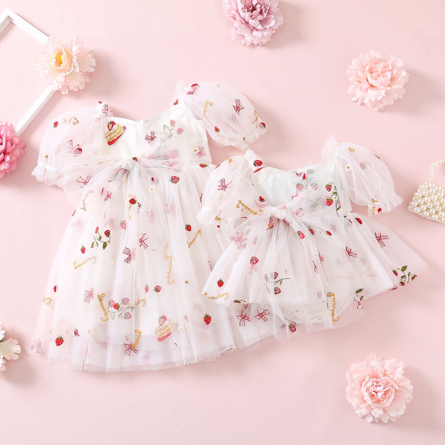 NEW 2024 Strawberry Cake Tulle Dress or Romper for Baby Girl, Toddler Sister Matching Outfits for Kids Birthday Party Gown, White Embroidered dresses