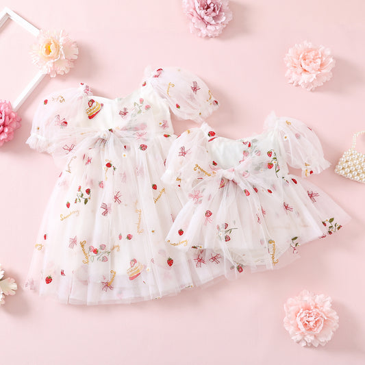 NEW 2024 Strawberry Cake Tulle Dress or Romper for Baby Girl, Toddler Sister Matching Outfits for Kids Birthday Party Gown, White Embroidered dresses