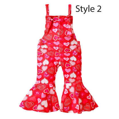 Bell Bottoms Baby Girl Overall with Hearts Print, Valentine's Day Outfit for Toddler and Kids