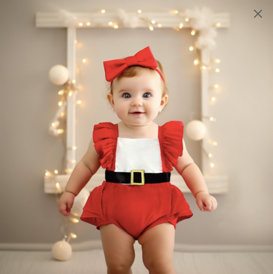 My First Christmas Santa Baby Girl Romper + Headband, Newborn & Toddler Holiday Photoshoot, Xmas Cake Smash Outfit, Infant Red Ruffle Dress