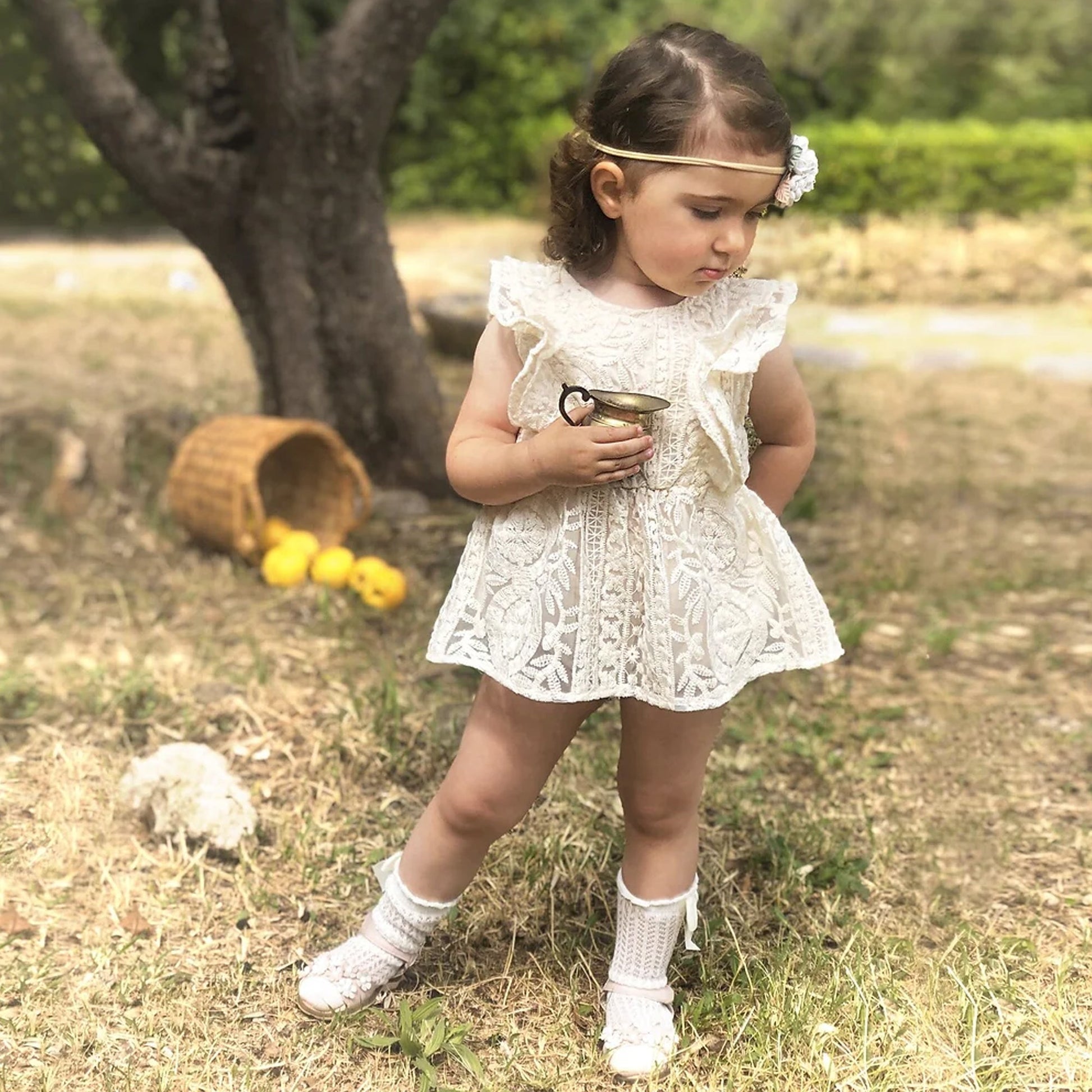 Boho First Birthday Outfit Girl - Ivory Baby Dress Romper, Lace Stocki AmimamiDoll Boho First Birthday Outfit Girl - Ivory Baby Dress Romper, Lace Stocki AmimamiDoll