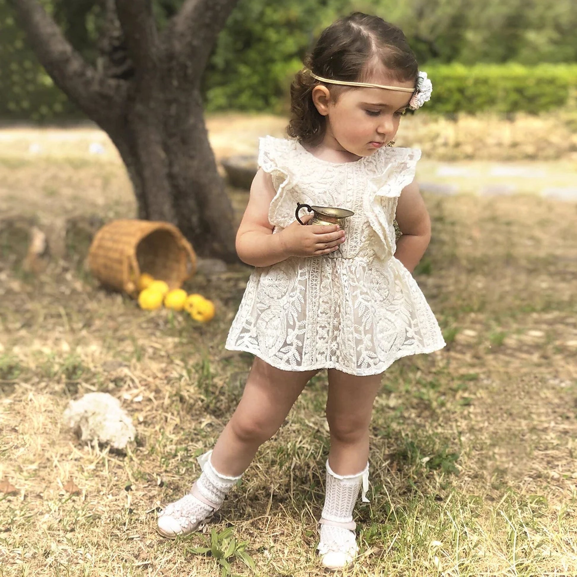 Boho First Birthday Outfit Girl - Ivory Baby Dress Romper, Lace Stockings and Floral Headband. Toddler Flower girl dress, Wedding baby gown, 1st birthday, one year smash cake session