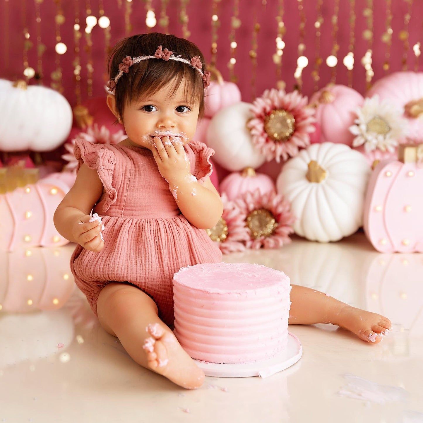 First Birthday Smash Cake outfit girl, Pink Baby Romper