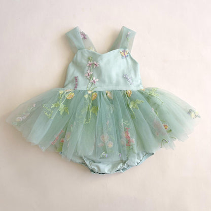 Sage Green Baby Girl Tulle Romper Dress with Floral Embroidery, Toddler Wedding Outfit