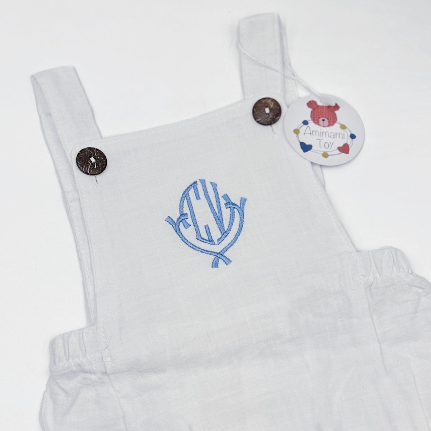 Monogram Baby Boy Romper, Personalized White Linen Overalls