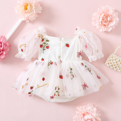 NEW 2024 Strawberry Cake Tulle Dress or Romper for Baby Girl, Toddler Sister Matching Outfits for Kids Birthday Party Gown, White Embroidered dresses