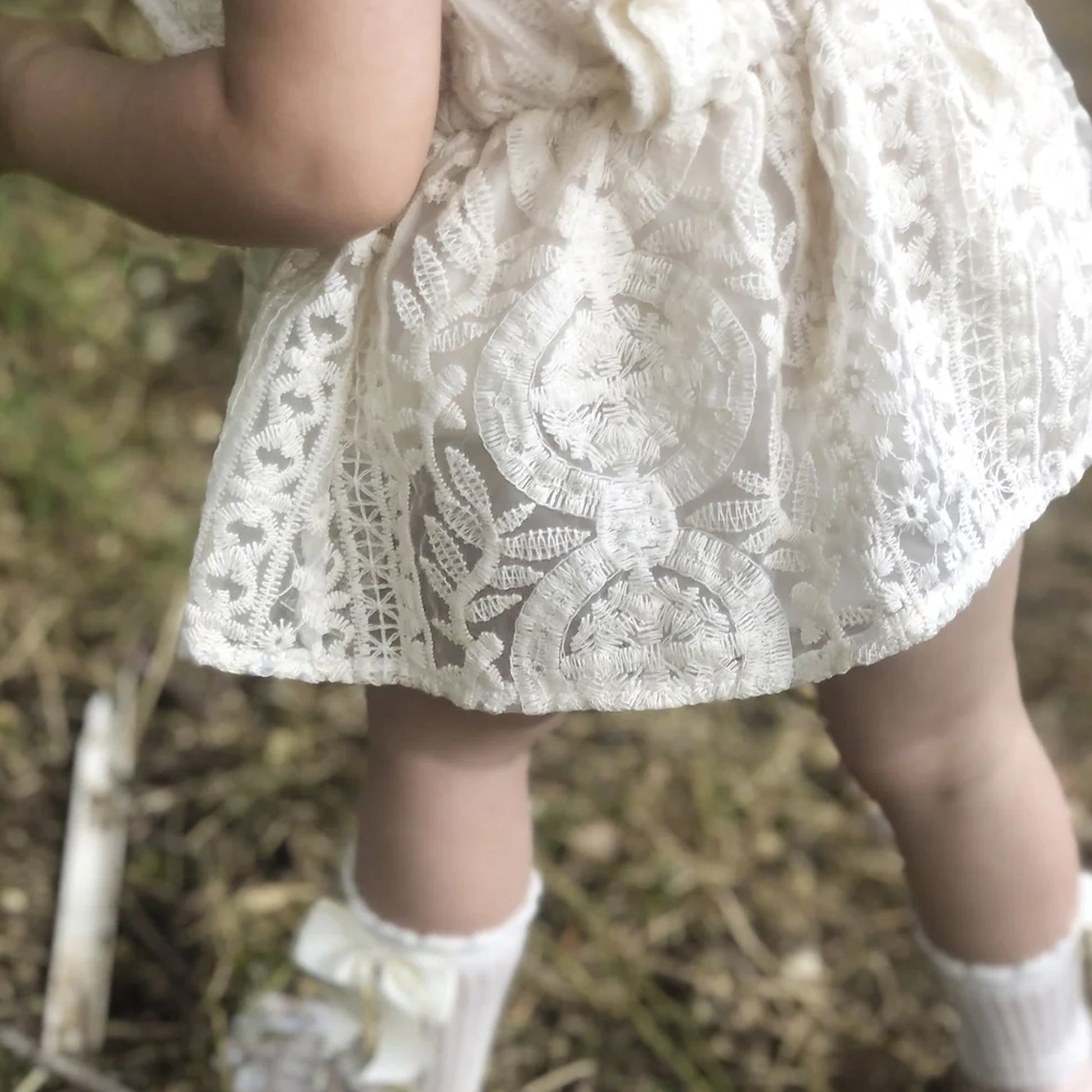 Boho First Birthday Outfit Girl - Ivory Baby Dress Romper, Lace Stockings and Floral Headband. Toddler Flower girl dress, Wedding baby gown, 1st birthday, one year smash cake session