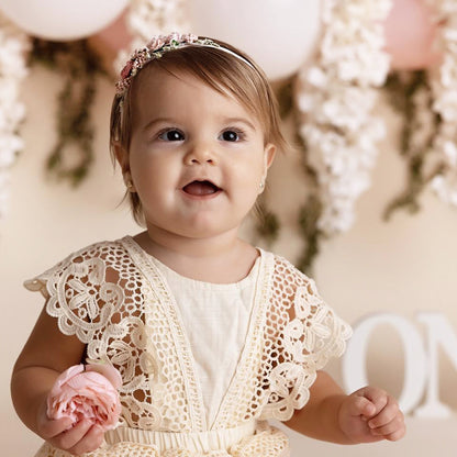 Cake Smash Outfit Girl - Boho Baby Romper, Lace Stockings and Floral Headband. Beige Ivory Crochet Lace Dress for First Birthday Outfit Girl, Smash Cake Photo shoot, Baptism After Party Toddler and Newborn, One Year Old Girl