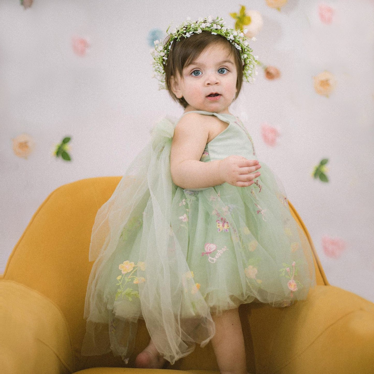 Sage Green Baby Girl Tulle Romper Dress with Floral Embroidery, Toddler Wedding Outfit