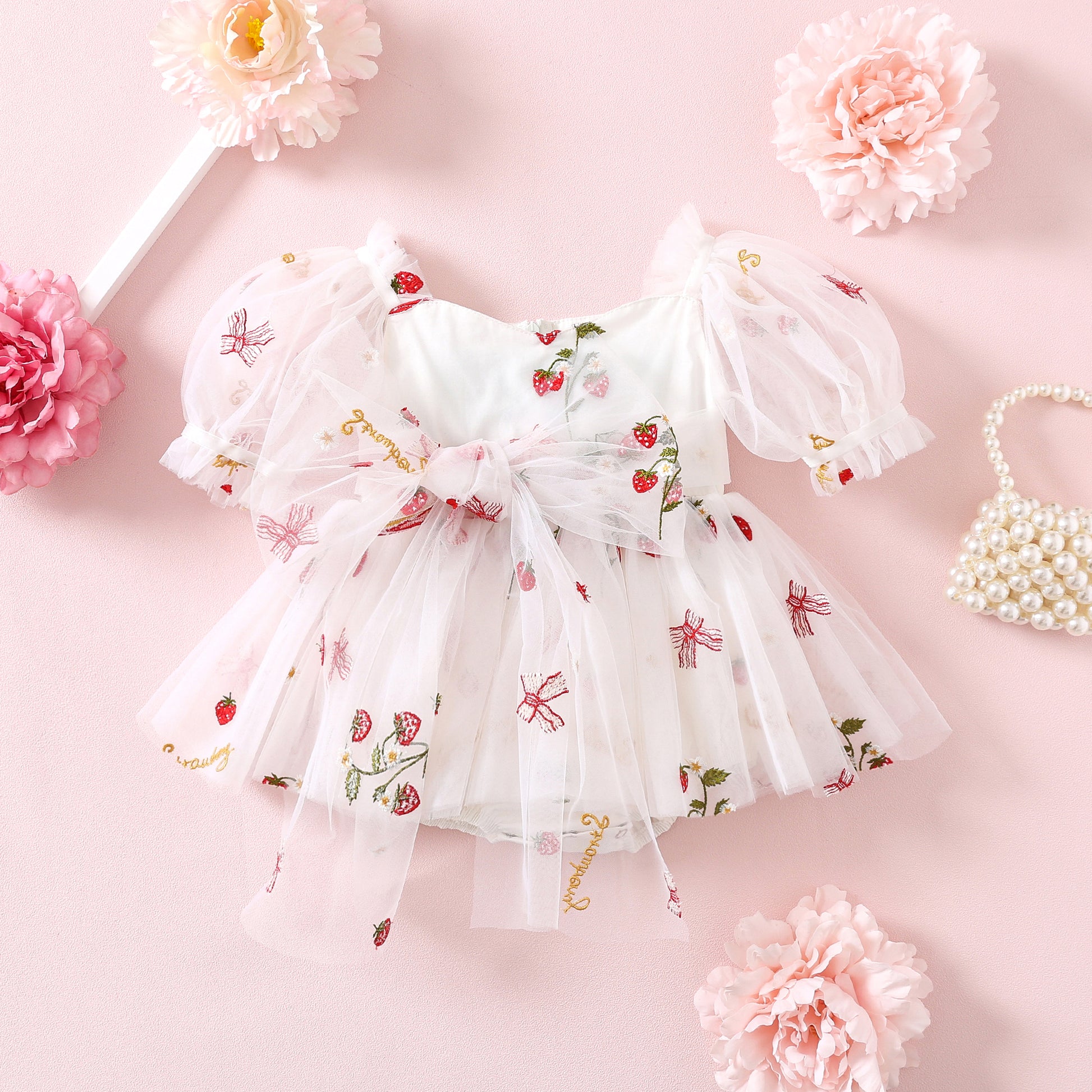 NEW 2024 Strawberry Cake Tulle Dress or Romper for Baby Girl, Toddler Sister Matching Outfits for Kids Birthday Party Gown, White Embroidered dresses