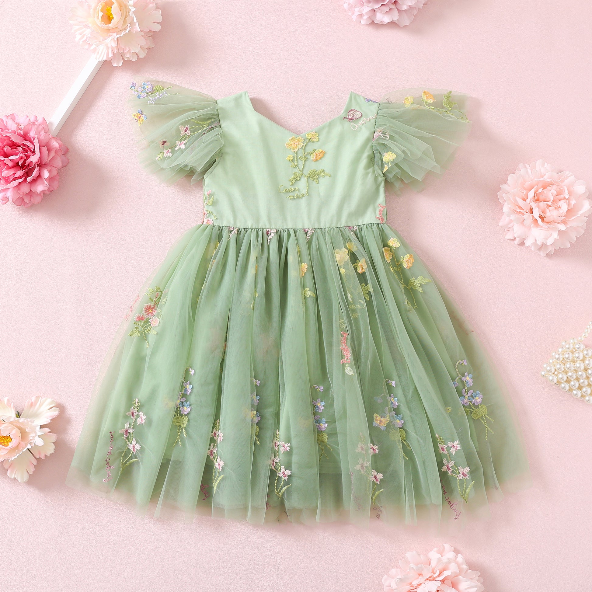 NEW 2024 Birthday Girl Dress, Sage Green Embroidered Mesh Tulle Toddler Special Occasion Outfit