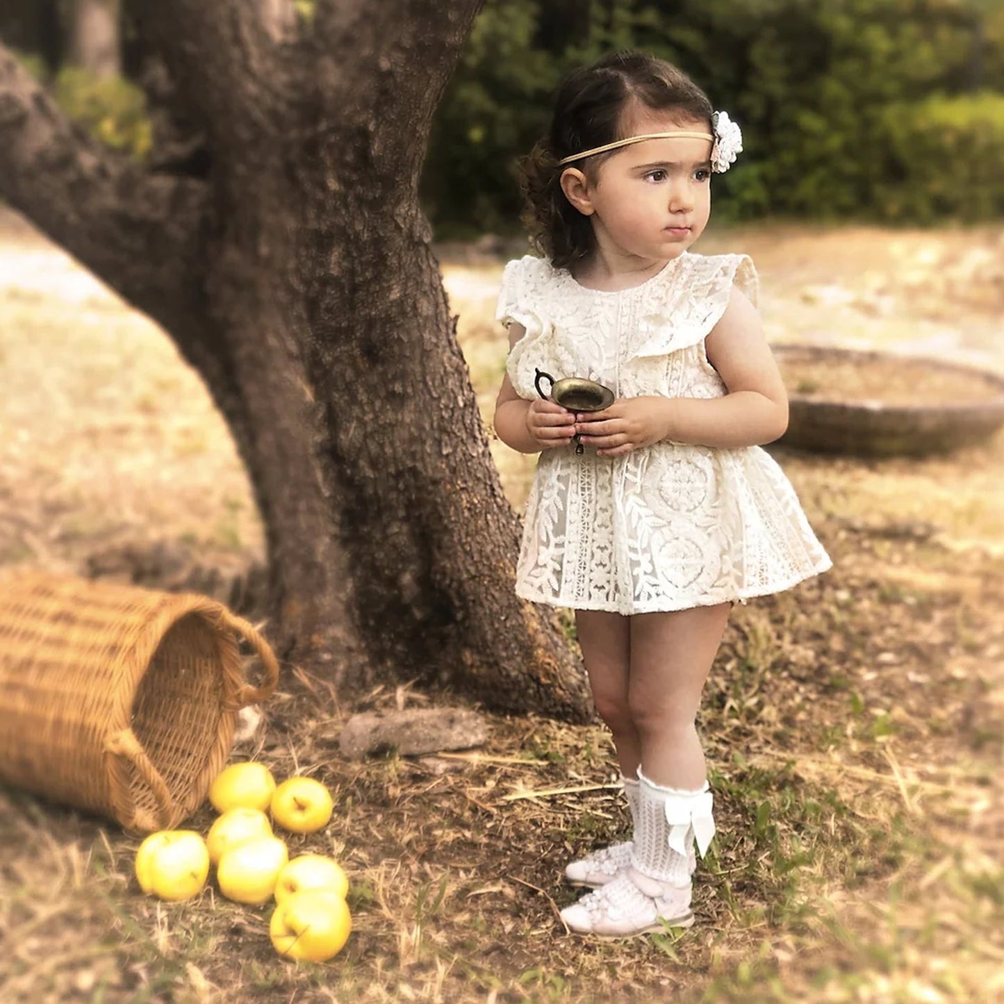 Boho First Birthday Outfit Girl - Ivory Baby Dress Romper, Lace Stockings and Floral Headband. Toddler Flower girl dress, Wedding baby gown, 1st birthday, one year smash cake session