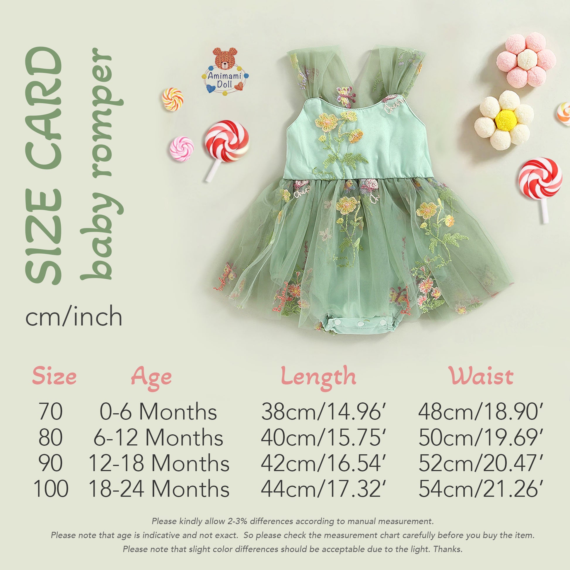 Sage Green Baby Girl Tulle Romper Dress with Floral Embroidery, Toddle AmimamiDoll Sage Green Baby Girl Tulle Romper Dress with Floral Embroidery, Toddle AmimamiDoll