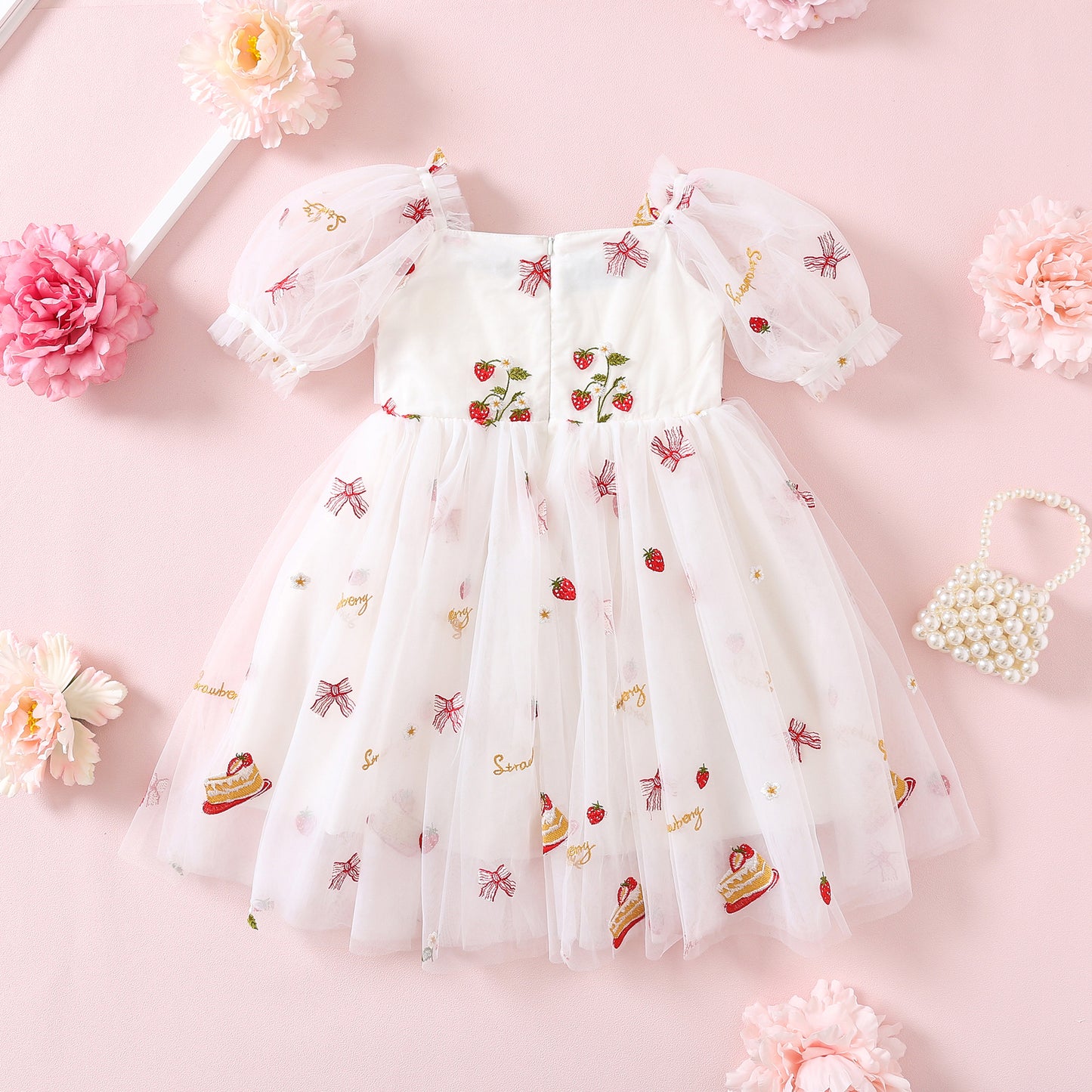 NEW 2024 Strawberry Cake Tulle Dress or Romper for Baby Girl, Toddler Sister Matching Outfits for Kids Birthday Party Gown, White Embroidered dresses