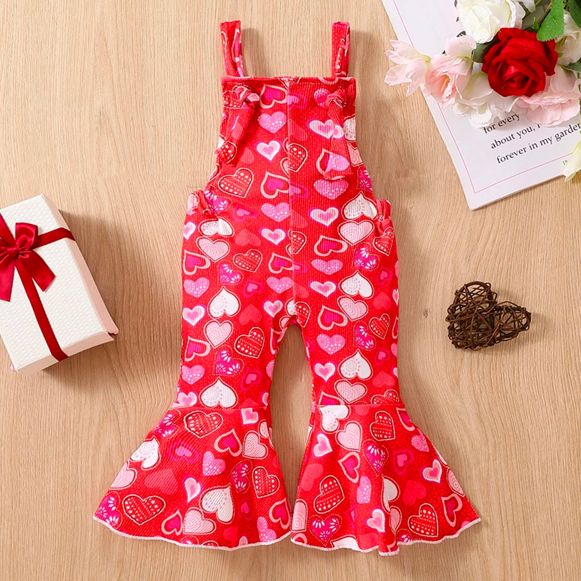 Bell Bottoms Baby Girl Overall with Hearts Print, Valentine's Day Outfit for Toddler and Kids