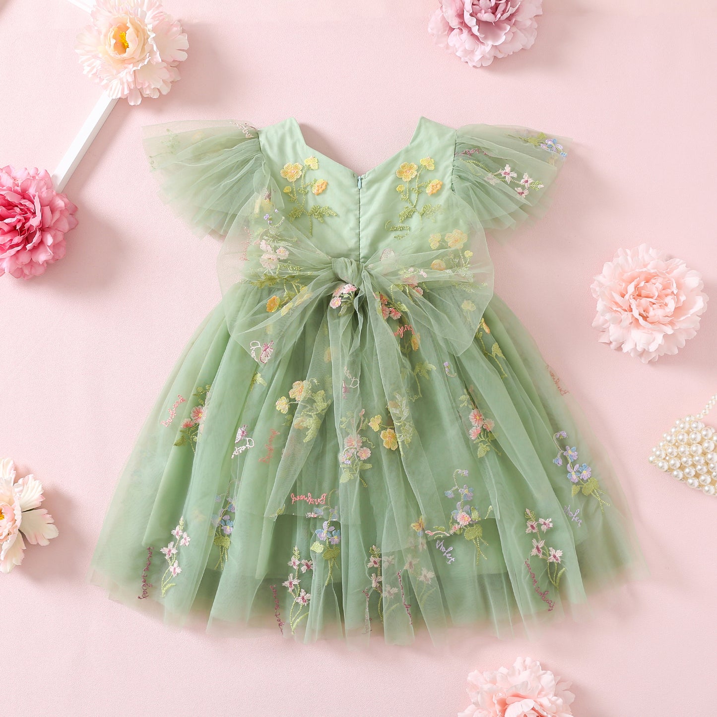 NEW 2024 Birthday Girl Dress, Sage Green Embroidered Mesh Tulle Toddler Special Occasion Outfit