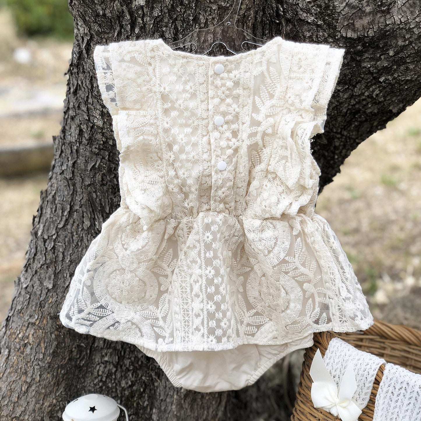 Boho Baby Girl Lace Dress Romper for First Birthday Cake Smash Outfit Girl, Baptism or Wedding