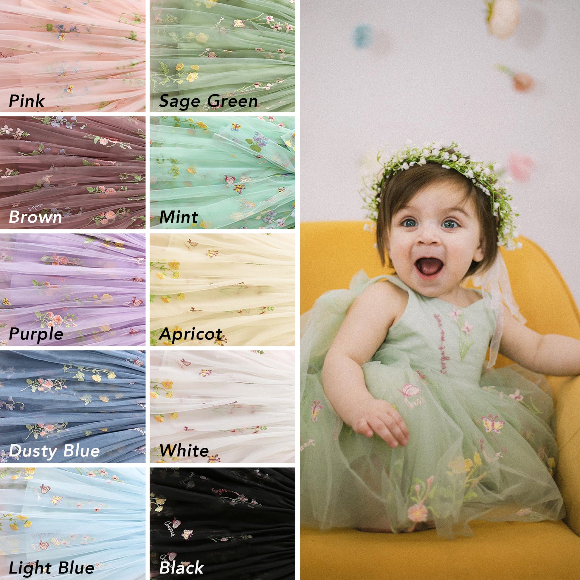 Sage Green Baby Girl Tulle Romper Dress with Floral Embroidery, Toddle AmimamiDoll Sage Green Baby Girl Tulle Romper Dress with Floral Embroidery, Toddle AmimamiDoll