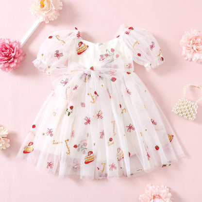 NEW 2024 Strawberry Cake Tulle Dress or Romper for Baby Girl, Toddler Sister Matching Outfits for Kids Birthday Party Gown, White Embroidered dresses