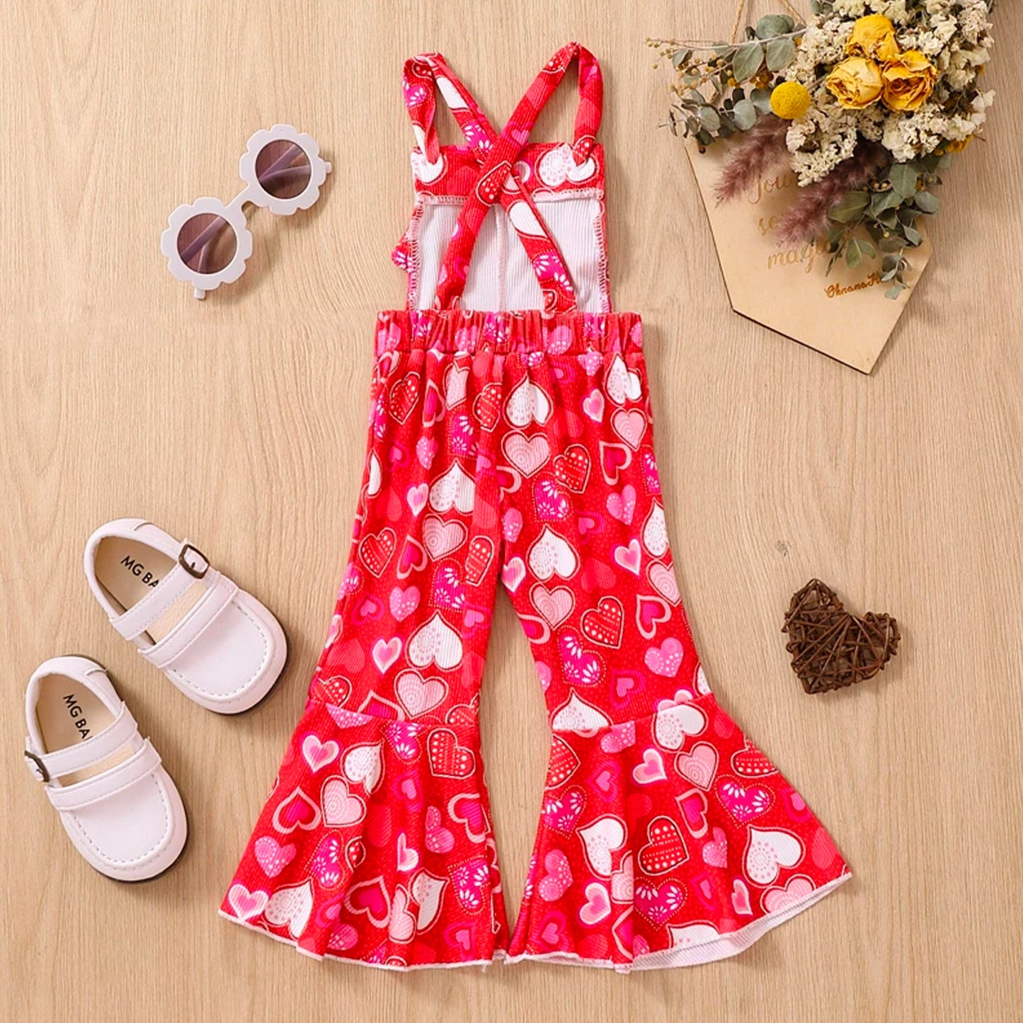 Bell Bottoms Baby Girl Overall with Hearts Print, Valentine's Day Outfit for Toddler and Kids