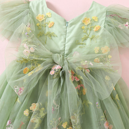 NEW 2024 Birthday Girl Dress, Sage Green Embroidered Mesh Tulle Toddler Special Occasion Outfit