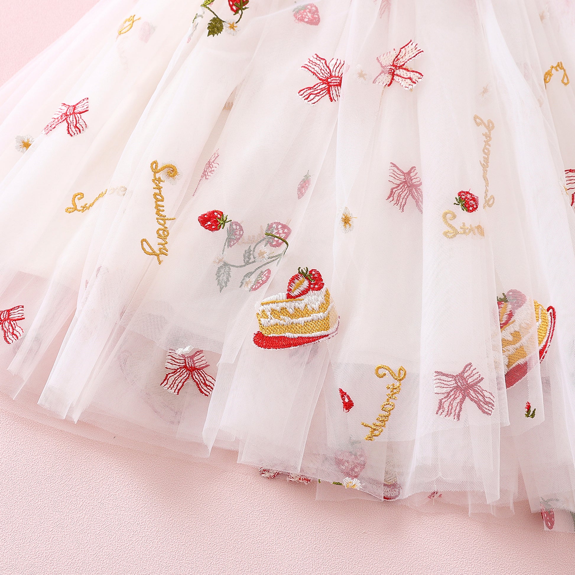 NEW 2024 Strawberry Cake Tulle Dress or Romper for Baby Girl, Toddler Sister Matching Outfits for Kids Birthday Party Gown, White Embroidered dresses