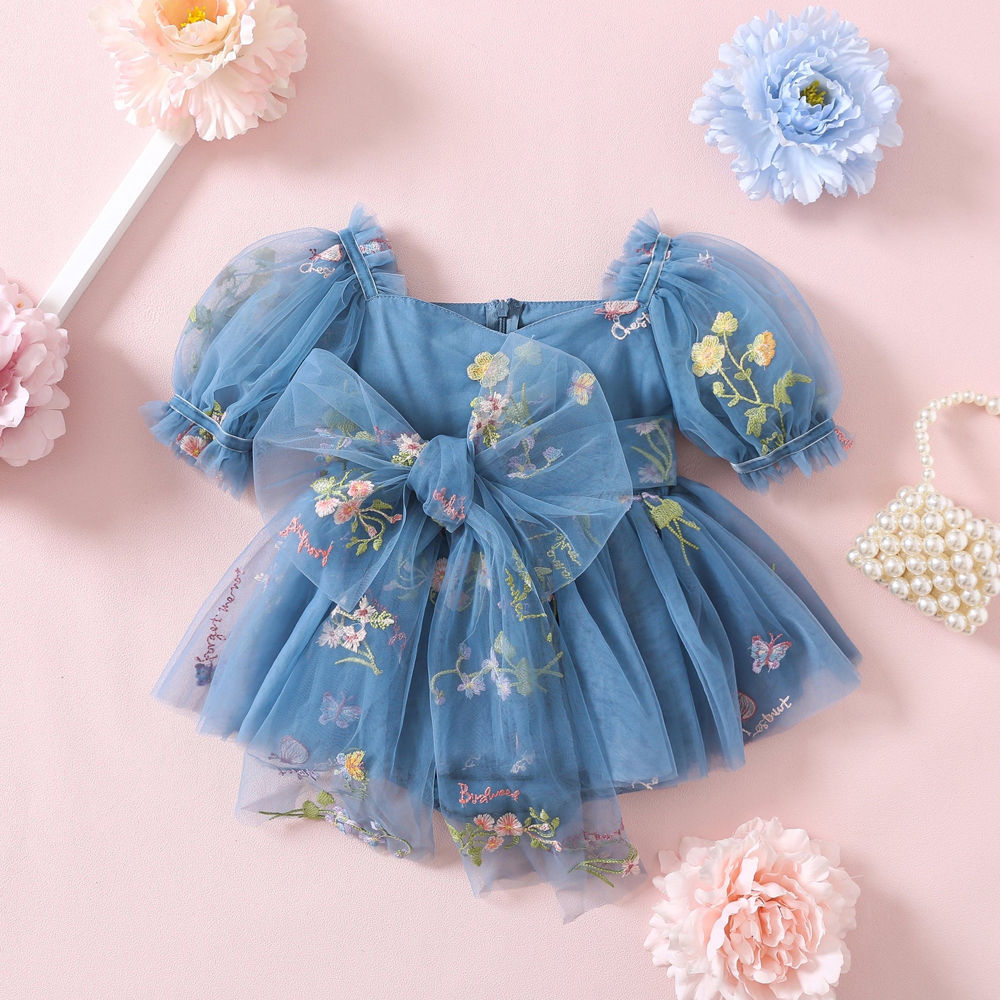 Floral Embroidered Tulle Romper for Toddler Girl, Bubble Puff Sleeve Baby Dress First Birthday Party, Toddler Flower girl dress Dusty blue