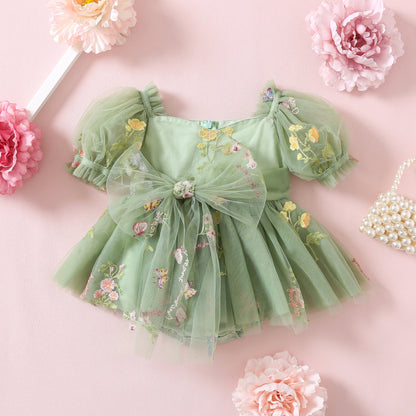 Floral Embroidered Tulle Romper for Toddler Girl, Bubble Puff Sleeve Baby Dress First Birthday Party, Toddler Flower girl dress Sage green