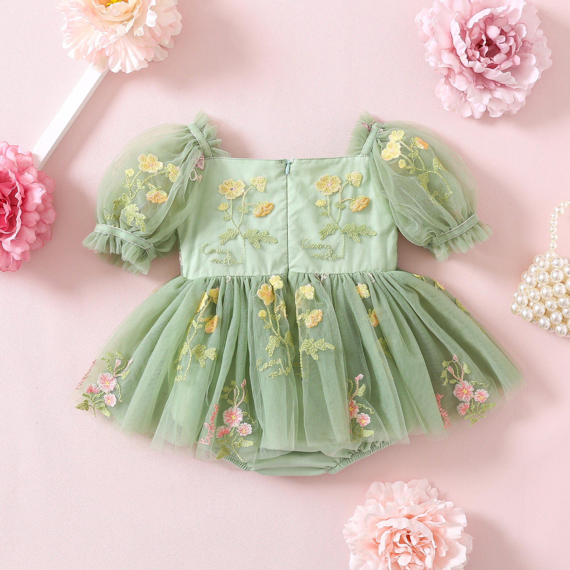 Floral Embroidered Tulle Romper for Toddler Girl, Bubble Puff Sleeve Baby Dress First Birthday Party, Toddler Flower girl dress Sage green