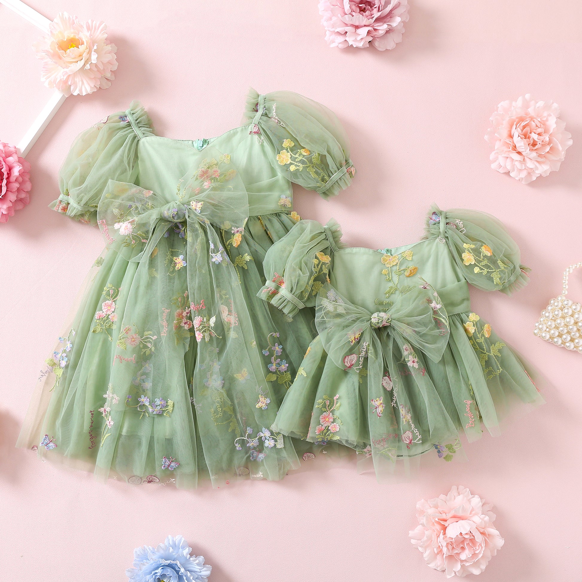 NEW 2024 Girls Dresses for Special Occasion, Sage Embroidery Fairy Princess Toddler Birthday Outfit, Sage Green Flower Girl Dress, Forest Wedding Junior Bridesmaid, Matching Sisters dresses