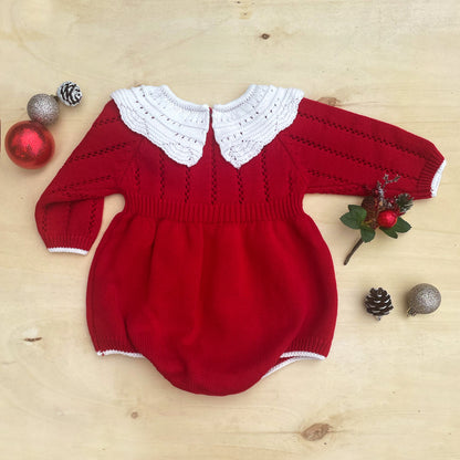 Red Christmas baby romper for Newborn girl and Toddler, Xmas holiday baby outfit for Family photo, Winter Knitted Christmas sweater cotton