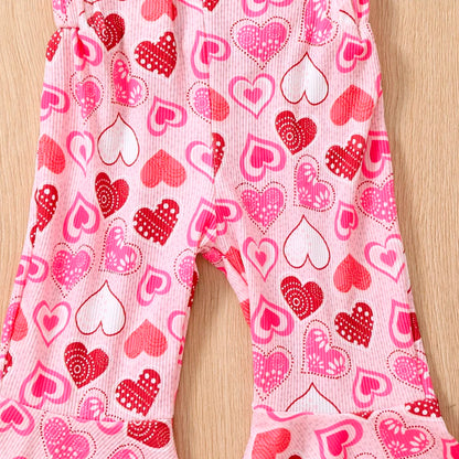 Bell Bottoms Baby Girl Overall with Hearts Print, Valentine's Day Outfit for Toddler and Kids