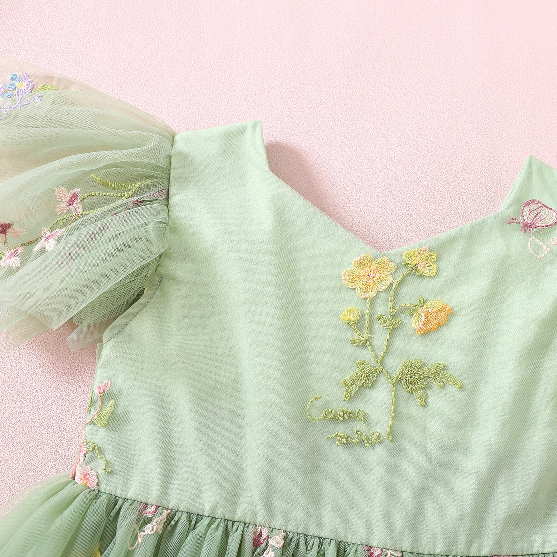 NEW 2024 Birthday Girl Dress, Sage Green Embroidered Mesh Tulle Toddler Special Occasion Outfit