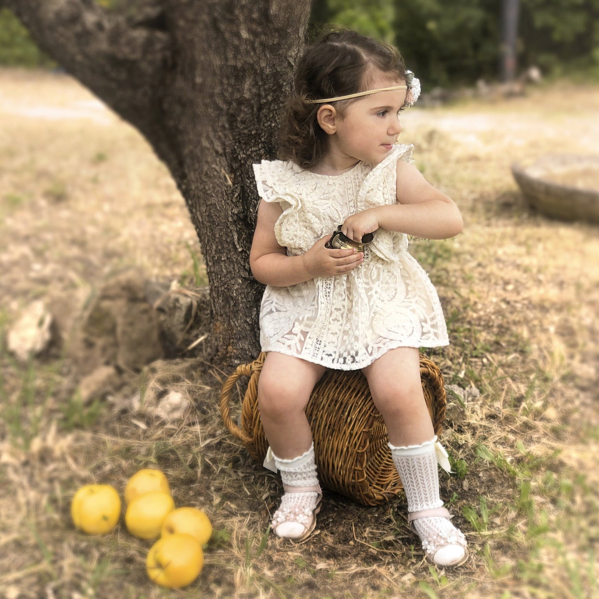 Boho First Birthday Outfit Girl - Ivory Baby Dress Romper, Lace Stockings and Floral Headband. Toddler Flower girl dress, Wedding baby gown, 1st birthday, one year smash cake session