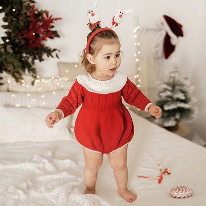 Red Christmas baby romper for Newborn girl and Toddler, Xmas holiday baby outfit for Family photo, Winter Knitted Christmas sweater cotton