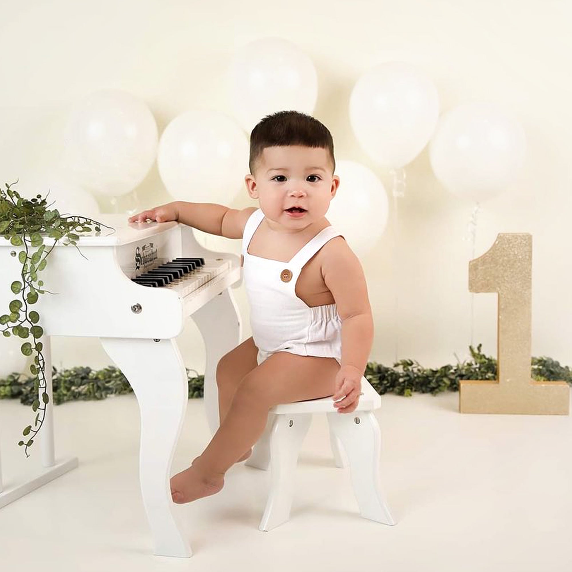 White Baby Boy Romper First Birthday Smash Cake Outfit Boy Newborn Linen Overalls