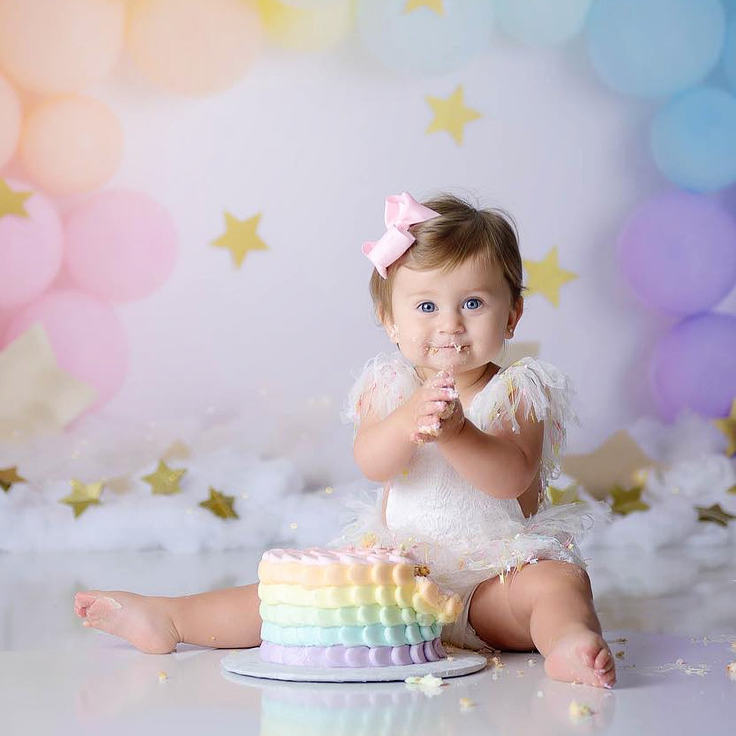 First Birthday Cake Smash Outfit Girl, White Lace Romper with Rainbow Tassel