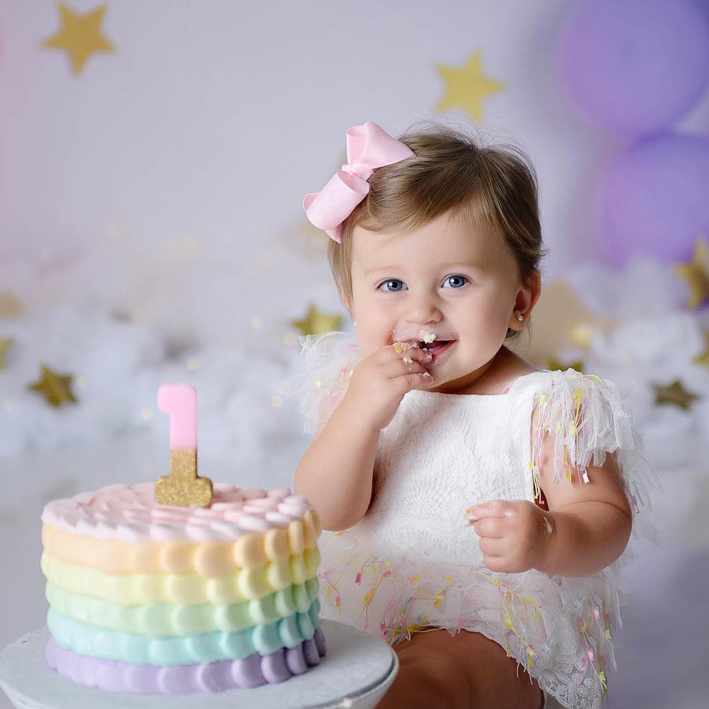 First Birthday Cake Smash Outfit Girl, White Lace Romper with Rainbow Tassel