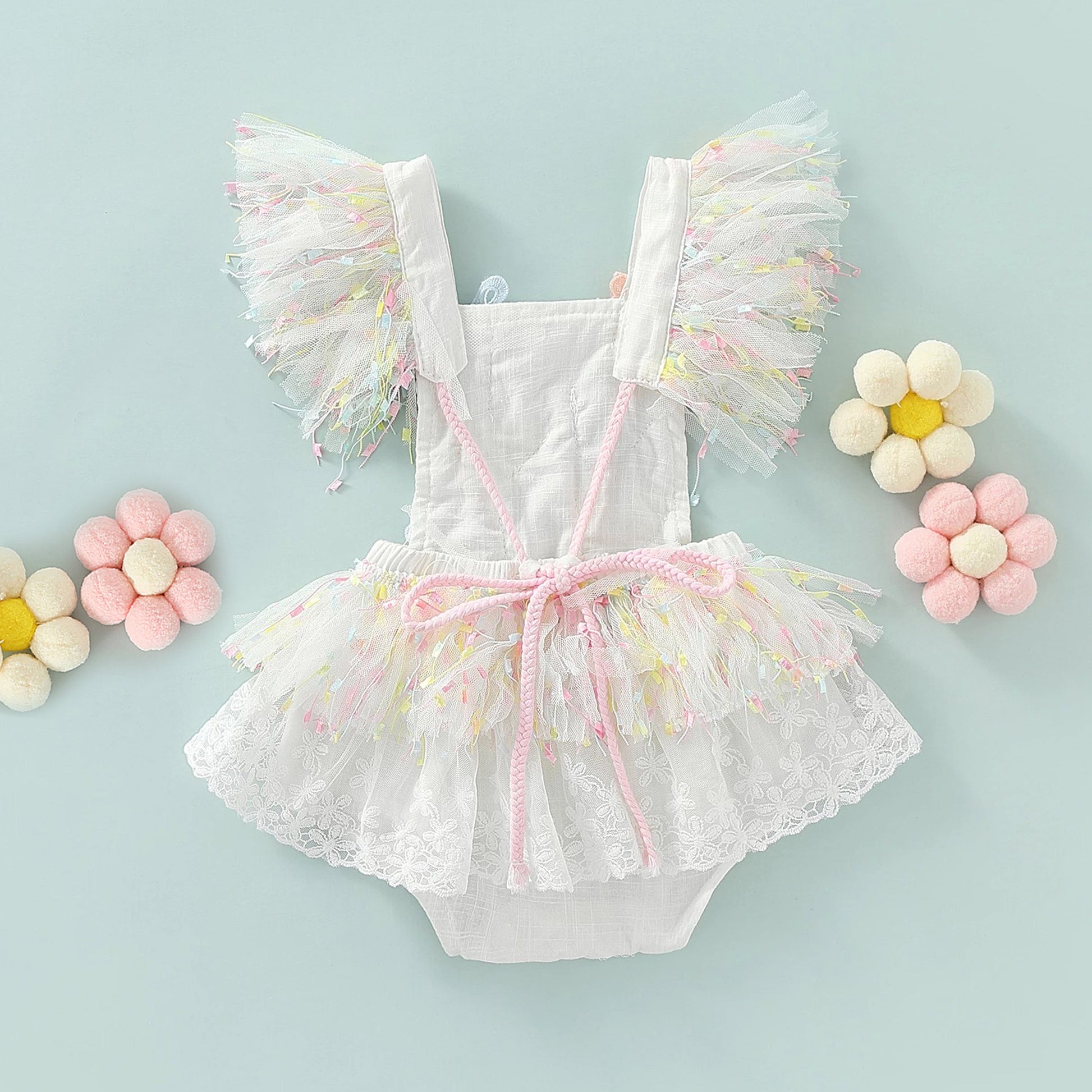 First Birthday Cake Smash Outfit Girl, White Lace Romper with Rainbow Tassel